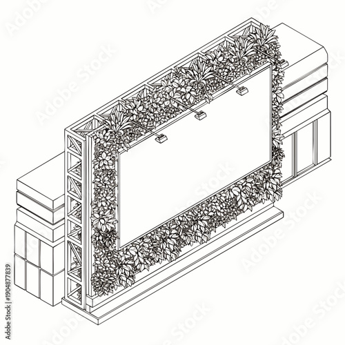 Isometric line art illustration of a modern billboard covered in lush greenery and plants, surrounded by abstract building structures.