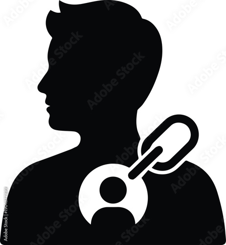 Silhouette of a person's head and shoulders connected to a user profile icon vector illustration