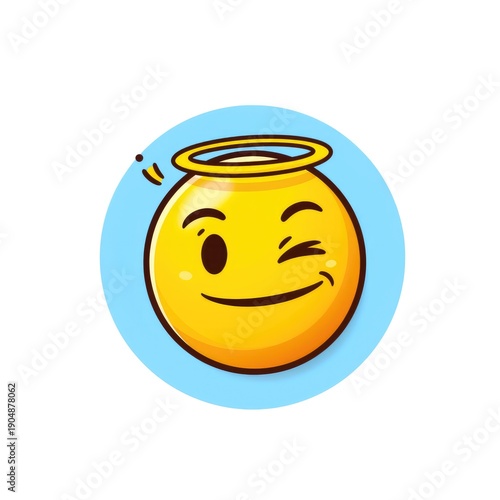 A cheerful yellow face with a halo and a winking eye on a blue background