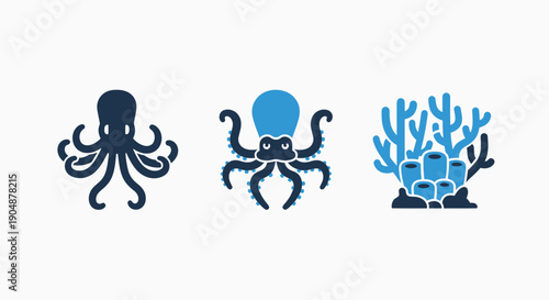 Underwater icons: two stylized octopuses and a coral branch, representing marine life and ocean ecosystems.