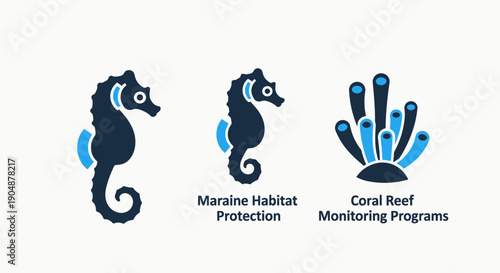 Icons for marine conservation: seahorses and coral reef elements, symbolizing marine habitat protection and monitoring programs.