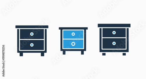 Set of three modern nightstands or bedside tables with drawers, clean design, vector illustration, interior design concept