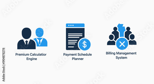 Business icons: people in suits, payment planner document, and team with cross symbol, representing financial services, planning, and billing management
