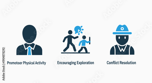 Concept icons: person in suit, parent and child exploring, and man in hat, representing physical activity, exploration, and conflict resolution