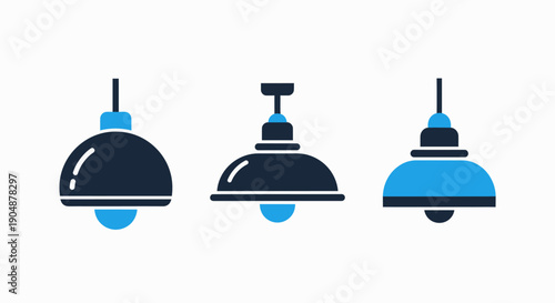 Set of three vintage industrial pendant lights, home decor lighting elements, modern design with blue accents, vector illustration