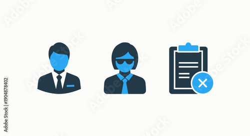 Business and rejection icons: male and female professionals in suits, and a clipboard with a cross mark, symbolizing denial, cancellation, or failed processes.