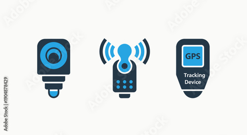 Tracking and navigation icons: a camera device, a signal transmitter, and a GPS tracking device, symbolizing location tracking, surveillance, and navigation technology.