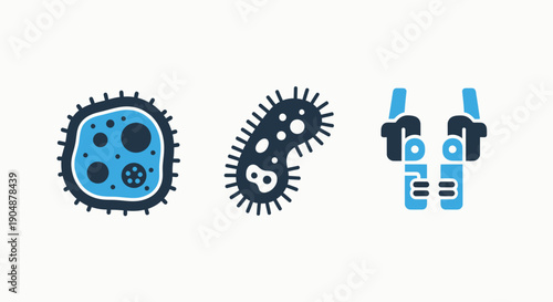 Microbiology and abstract icons: a round microorganism, a rod-shaped germ, and blue abstract shapes, representing microbes, science, and digital concepts.