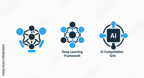 AI and network icons: interconnected nodes, a deep learning framework, and an AI computation grid, representing artificial intelligence, machine learning, and data processing.