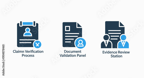 Document processing icons: claim verification with 'X', document validation with person icon, and evidence review station, symbolizing administrative and legal processes.