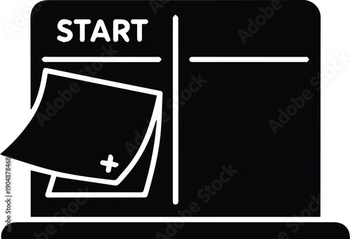 Black and white icon of a Kanban board with sticky notes and START text start