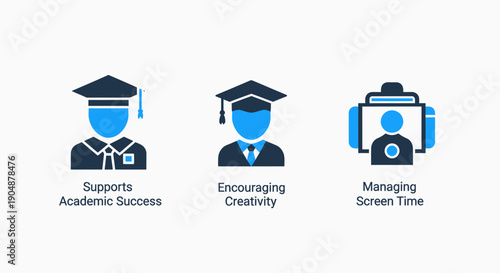 Education and screen time management icons: graduation cap figure, encouraging creativity, and managing screen time interface, representing academic success and digital balance.