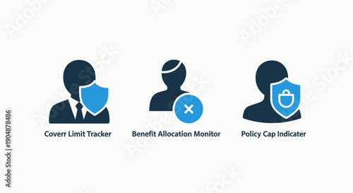 Icons illustrating insurance concepts: cover limit tracker, benefit allocation monitor, and policy cap indicator, symbolizing financial security and management.