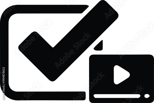 Checkmark inside a square frame next to a video play icon tick verified