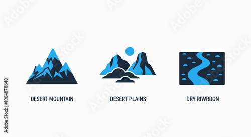 Illustrations of desert landscapes: jagged mountains, rolling plains with clouds, and a dry riverbed under the sun.
