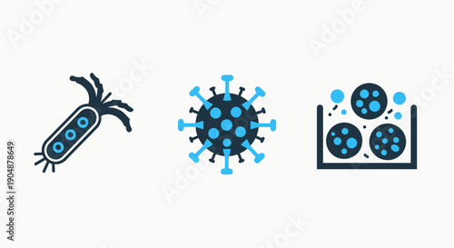 Collection of icons featuring viruses and bacteria, symbolizing disease, contagion, and microbiology research.