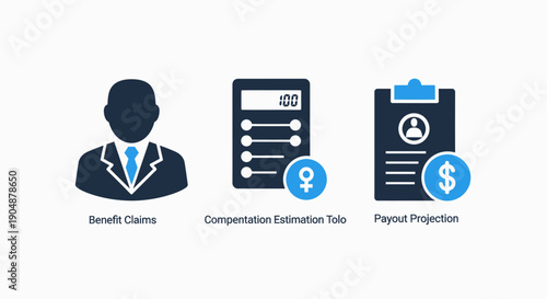 Icons for financial management: benefit claims, compensation estimation tool, and payout projection for employees.
