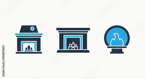 Collection of fireplace icons showcasing modern and classic designs with burning flames, perfect for home decor or heat concepts.