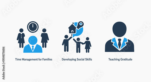 Icons symbolizing personal development: time management for families, social skill development, and teaching gratitude.