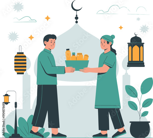 Muslim man and woman sharing food donations in a bowl during the holy month of Ramadan with mosque silhouette and festive lanterns in the background