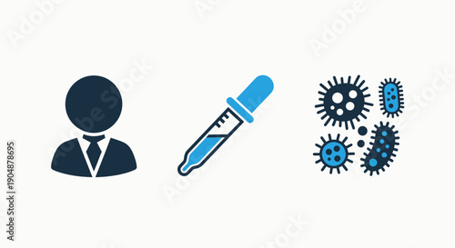 Icons related to scientific research and biology: person, dropper with liquid, and various microorganisms.