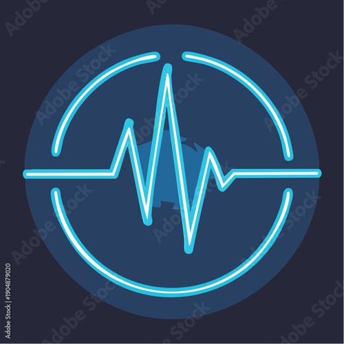 A bright cyan electrocardiogram waveform is enclosed within a circular neon blue outline on a deep navy blue background, signifying advanced medical technology and precise health monitoring
