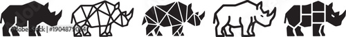 A collection of five different rhinoceros icons in a geometric and minimalist style Vector
