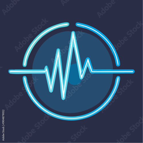 A luminous cyan electrocardiogram waveform is centered within a dark blue circular featuring subtle concentric rings, suggesting a focused and advanced approach to health data analysis