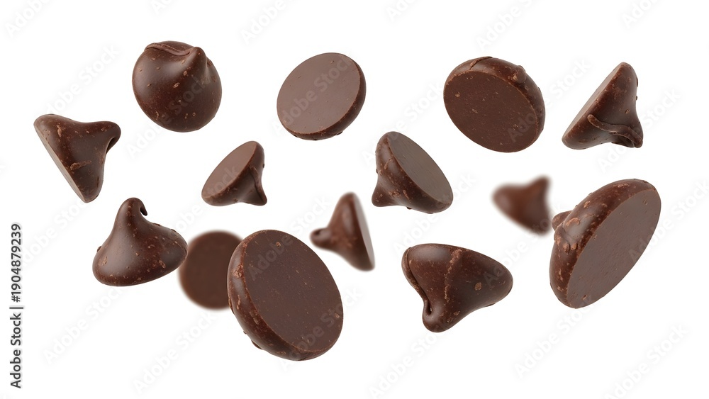 Fototapeta premium Scattered chocolate drops viewed from above on a plain surface
