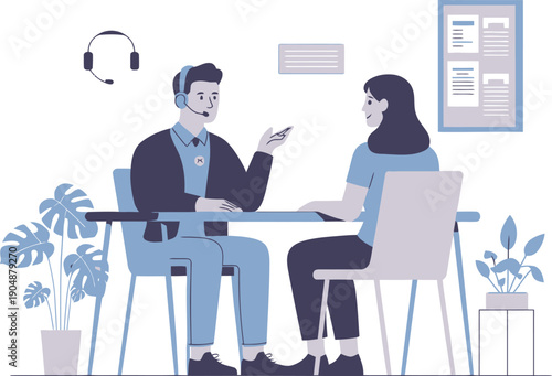 Vector illustration of customer support agent with headset assisting female client at desk, business meeting, consultation, or interview