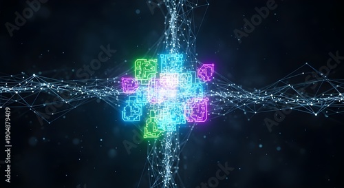 Wallpaper Mural Glowing neon cross with network connections on dark background Torontodigital.ca