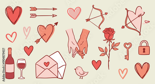 Hand drawn Valentine doodle set with holding hands and love icons