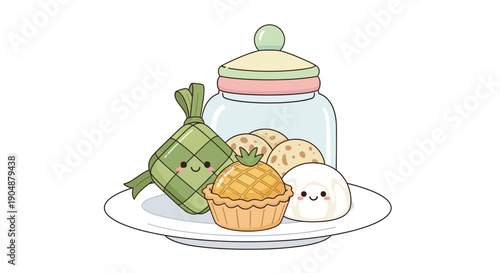 Cartoon food illustration with diverse treats on a plate isolated on white