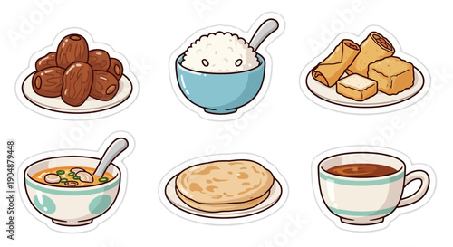 Illustrated food icons depicting various dishes for culinary and design concepts