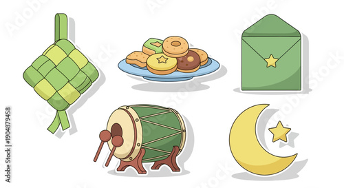 Eid al fitr festive illustrations featuring food and cultural symbols