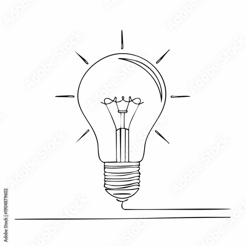 Single continuous line of an incandescent light bulb with radiating lines and a trailing line extending horizontally from the base