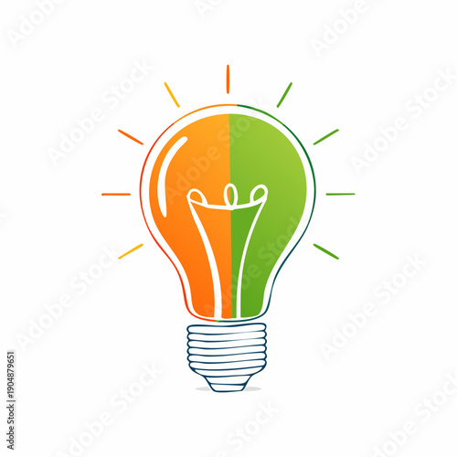 Stylized light bulb divided into two distinct color halves, orange and green, with radiating lines on a white background