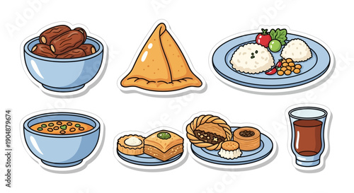 Illustrated food assortment featuring dates samosa rice soup and pastries