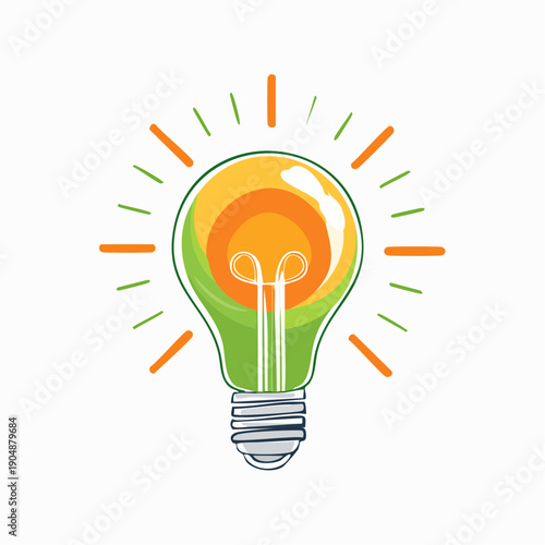 Bright idea concept with a glowing light bulb featuring radiating lines in green and orange hues on a white background symbolizing innovation and creativity