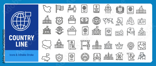 Country and Government Line Icons for Citizenship and Public Services