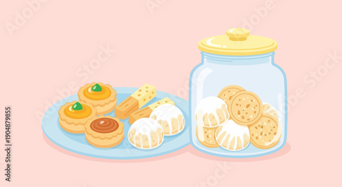 Variety of cookies on plate and in jar against a pastel pink background