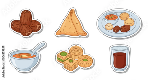 Variety of traditional dishes and drinks illustrated on white background