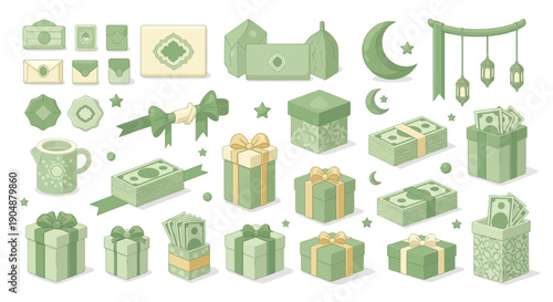 Isometric vector illustration of gift boxes money and related decorative elements