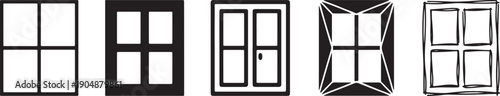 A set of five different black and white icons representing a window with four panes, showing a progression of design styles. Vector