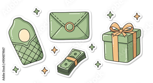 Green gifts and envelope illustration against white background vector graphics