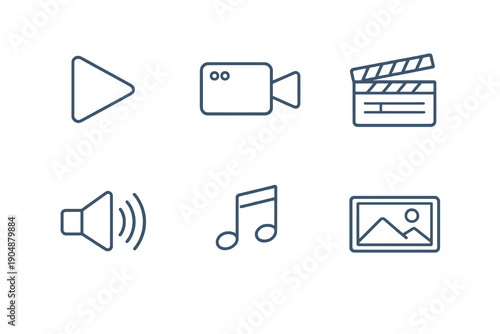 Audio and video line icon set with six editable stroke vector symbols. Clean outline style for media players, streaming platforms, apps and modern web interfaces.