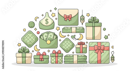 Festive gifts and currency symbols vector illustration on white backdrop