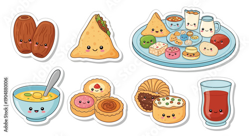 Cartoon food stickers various dishes with happy faces on a white background