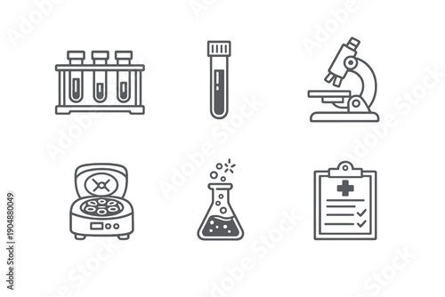 Medical laboratory line icon set with six editable stroke vector symbols. Clean outline style for lab diagnostics, healthcare platforms, research tools and medical web interfaces.
