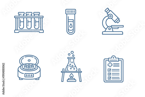 Set of six medical laboratory and diagnostics icons in line style. Editable stroke vector collection designed for UI, lab analysis, healthcare systems and scientific platforms.